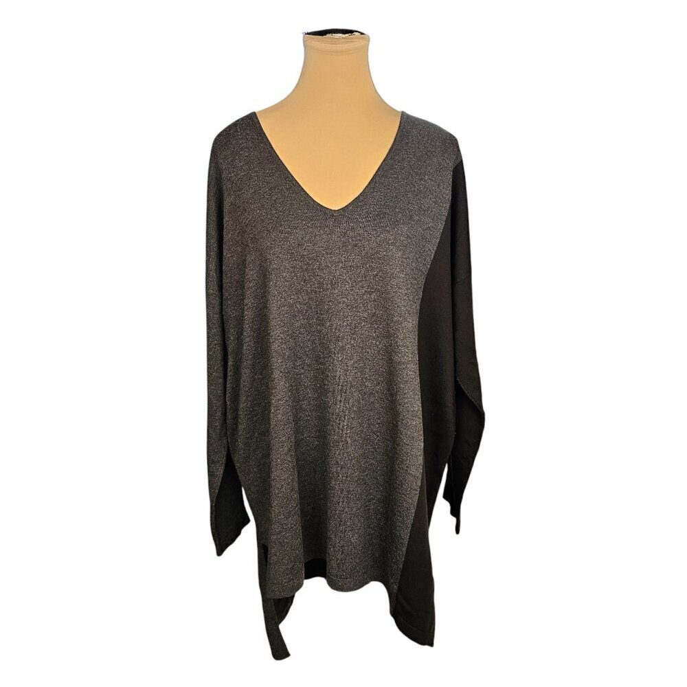 Eileen Fisher Black Dark Grey Panel Long Sleeve Tunic Top Sz L